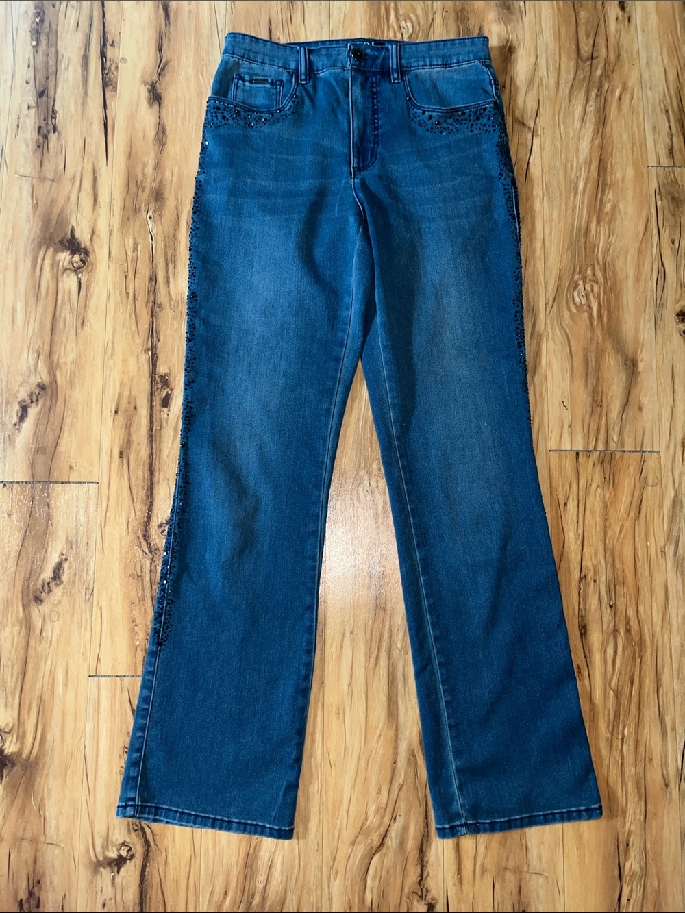 French Dressing Jeans Dark Blue Bootcut Jeans with Black Sequin Side Trim